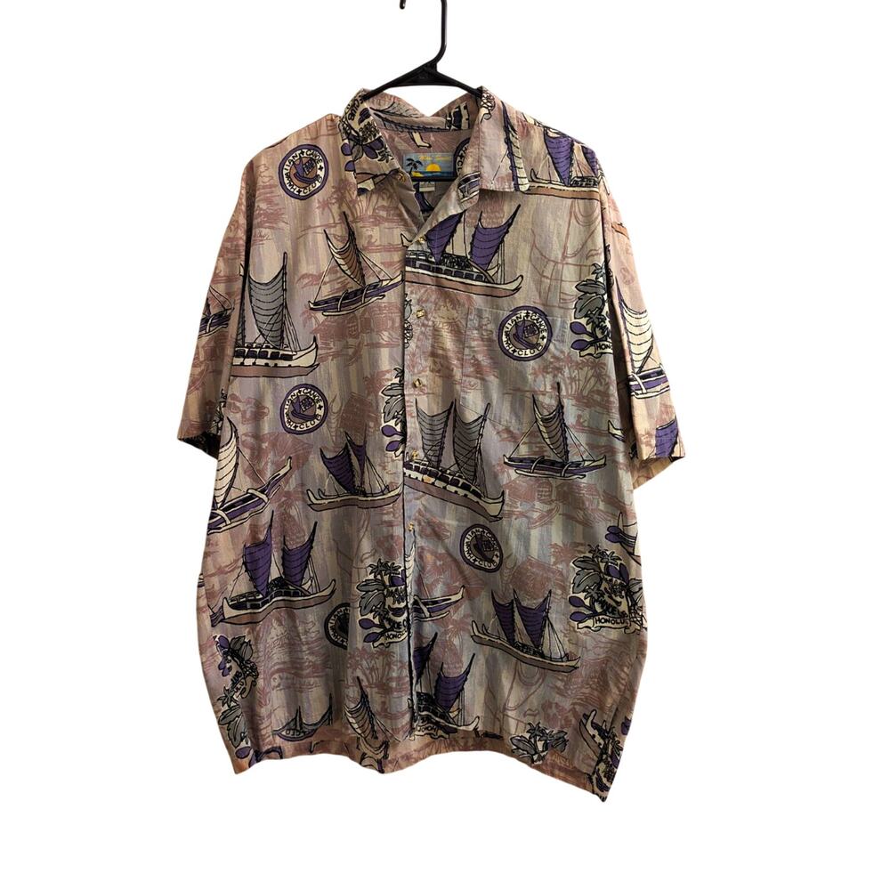 Vintage Maui Sunset Men's 2XL Gray Cotton Woven Short Sleeve Button-Up Shirt